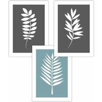 ARTZE Set of 3 Grey Blue Graphical Leaves Art Posters in Dark Grey | Size: W50 cm x H70 cm