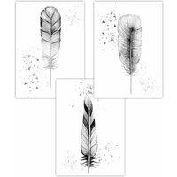 ARTZE Set of 3 Abstract Black & Grey Feathers Art Posters in Dark Grey | Size: W50 cm x H70 cm