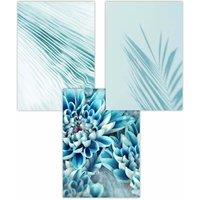 ARTZE Set of 3 Abstract Aqua Blue Macro Floral Art Posters | Size: W50 cm x H70 cm