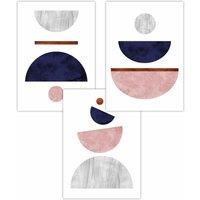 ARTZE Set of 3 Navy, Pink & Grey Abstract Mid Century Geometric Art Posters in Navy | Size: W59 cm x H84 cm