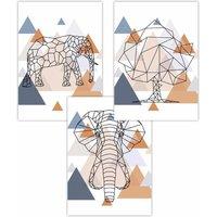 ARTZE Set of 3 Geometric Line Art Multi Blue Orange Elephant Art Posters | Size: W50 cm x H70 cm