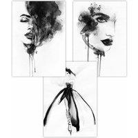 ARTZE Set of 3 Black White Watercolour Fashion Faces Art Posters | Size: W59 cm x H84 cm