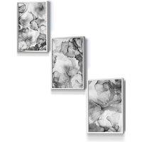 ARTZE Set of 3 Silver Framed Abstract Floral Fluid in Grey Wall Art in Mid Grey | Size: W33 cm x H45 cm x D20mm