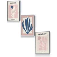 ARTZE Set of 3 Light Grey Framed Matisse Style Floral Cut Out Navy & Pink Wall Art in Dusty Pink | Size: W33 cm x H45 cm x D20mm