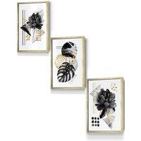 ARTZE Set of 3 Gold Framed Abstract Black & Gold Botanical Wall Art | Size: W33 cm x H45 cm x D20mm
