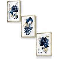 ARTZE Set of 3 Gold Framed Abstract Blue & Gold Botanical Wall Art in Navy | Size: W33 cm x H45 cm x D20mm