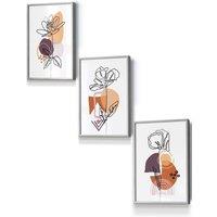 ARTZE Set of 3 Light Grey Framed Line Art Flowers on Purple Orange Boho Shapes Wall Art | Size: W33 cm x H45 cm x D20mm