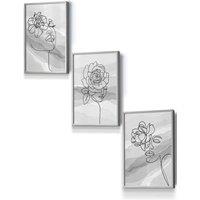 ARTZE Set of 3 Light Grey Framed Female Line Art Floral Faces on Grey Wall Art | Size: W33 cm x H45 cm x D20mm