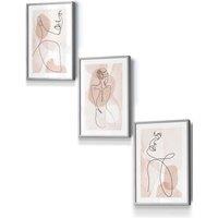 ARTZE Set of 3 Light Grey Framed Coral Pink Abstract Line Art Female Wall Art | Size: W33 cm x H45 cm x D20mm