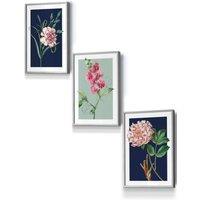 ARTZE Set of 3 Light Grey Framed Vintage Flowers Navy Blue & Sage Green Wall Art | Size: W33 cm x H45 cm x D20mm