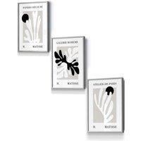 ARTZE Set of 3 Light Grey Framed Matisse Floral Cut Out Style in Black & Beige Wall Art | Size: W33 cm x H45 cm x D20mm