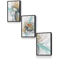 ARTZE Set of 3 Black Framed Abstract Aqua Grey Mixed Media Fractal Wall Art | Size: W33 cm x H45 cm x D20mm