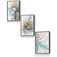 ARTZE Set of 3 Dark Grey Framed Abstract Aqua Grey Mixed Media Fractal Wall Art | Size: W53 cm x H73 cm x D20mm