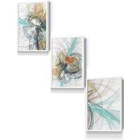 ARTZE Set of 3 White Framed Abstract Aqua Grey Mixed Media Fractal Wall Art | Size: W45 cm x H62 cm x D20mm