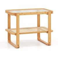 Costway Bamboo Side Table w/ Rattan Shelf 2-tier Glass Top End Table, Home Rectangular Sofa Side Accent Table in Natural