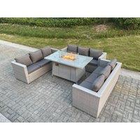 Fimous Light Grey U Shape Lounge Sofa Dining Set With Gas Fire Pit Dining Table Garden Furniture Set Heater Burner
