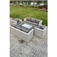 Fimous Outdoor PE Rattan Garden Furniture Set Wicker Sofa Set Oblong Coffee Table 2 Armchair in Light Grey