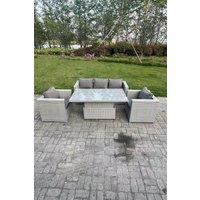 Fimous Rattan Garden Funiture Set Height Adjustable Rising Lifting Table Sofa Dining Set With 2 Arm Chair in Light Grey