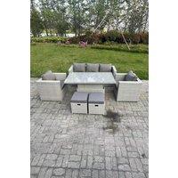 Fimous Rattan Garden Funiture Set Adjustable Rising Lifting Table Sofa Dining Set With 2 Arm Chair Stool in Light Grey
