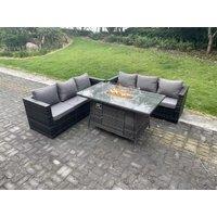 Fimous 6 Seater Outdoor Rattan Sofa Set Garden Furniture Gas Firepit Set Dining Table Heater Dark Grey Mixed