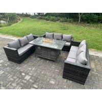 Fimous 9 Seater U Shape Outdoor Lounge Rattan Sofa Set Garden Furniture Gas Firepit Set Dining Table Dark Grey