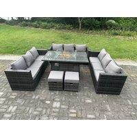 Fimous 11 Seater Outdoor Lounge Rattan Sofa Set Garden Furniture Gas Firepit Set Dining Table With Stools Dark Grey