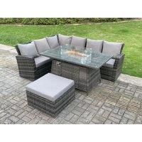 Fimous 7 Seater High Back Rattan Gas Fire Pit Corner Sofa Dining Set Garden Furniture Heater Dining Table Left Side in Dark Grey