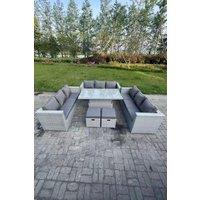Fimous U Shape Rattan Garden Furniture Set Adjustable Rising Lifting Table Dining Set 2 Stools in Light Grey