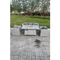Fimous Rattan Gas Fire Pit Garden Furniture Dining Table Set Heater Burner Chairs Lounge Sofa Set in Light Grey