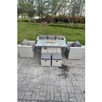 Fimous Rattan Garden Furniture Set Gas Fire Pit Dining Table Set Heater Burner Chairs in Light Grey