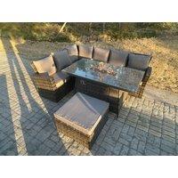 Fimous High Back Rattan Garden Furniture Sets Gas Fire Pit Dining Table Left Corner Sofa Big Footstools 7 Seater in Dark Grey