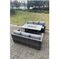 Fimous 6 Seater Outdoor PE Rattan Garden Furniture Gas Fire Pit Dining Table Set Lounge Sofa 3 Seater Sofa in Dark Grey