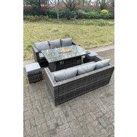 Fimous Outdoor PE Rattan Garden Furniture Gas Fire Pit Dining Table Lounge Sofa 2 PC Footstools Dark Grey