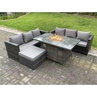 Fimous Outdoor Rattan Garden Furniture Sofa Set Gas Fire Pit Dining Table Gas Heater Burner With 3 Seater Sofa in Dark Grey