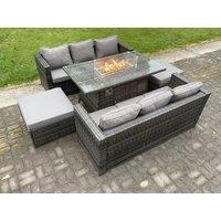 Fimous 8 Seater Outdoor Rattan Garden Furniture Sofa Set Gas Fire Pit Dining Table Gas Heater Burner Footstool in Dark Grey