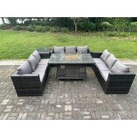 Fimous 9 Seater Rattan Garden Furniture Sofa Set Outdoor Patio Gas Fire Pit Dining Table Gas Heater Burner in Dark Grey