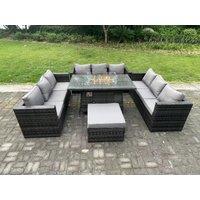 Fimous Rattan Garden Furniture Sofa Set Outdoor Patio Gas Fire Pit Dining Table Gas Heater Burner 10 Seater in Dark Grey