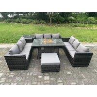 Fimous 10 Seater Rattan Garden Furniture Sofa Set Outdoor Gas Fire Pit Dining Table Gas Heater Burner in Dark Grey