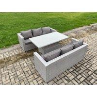 Fimous Rattan Outdoor Garden Funiture Set Height Adjustable Rising Lifting Table Sofa Dining Set with Light Grey