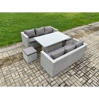 Fimous Rattan Garden Funiture Set Height Adjustable Rising Lifting Table Sofa Dining Set with 2 Small Footstools in Light Grey