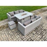 Fimous Garden Dining Sets Outdoor PE Rattan Furniture Gas Fire Pit Dining Table Gas Heater with 2 Small Footstool in Light Grey