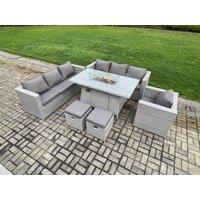 Fimous 9 Seater Outdoor Garden Dining Sets Rattan Furniture Gas Fire Pit Dining Table Gas Heater with Chair 2 Footstools in Light Grey