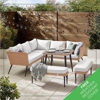 FurnitureboxUK Seychelles 9 Seater Outdoor Garden Sofa Set - PE Rattan & Wood Effect Garden Sofa & Table - 5 Seater Corner Sofa, 2 benches, Garden