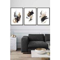 ARTZE Set of 3 Black Framed Abstract Black Ivory & Gold Oil Strokes Wall Art | Size: W53 cm x H73 cm x D20mm