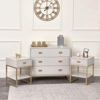 Melody Maison Large 3 Drawer Chest Of Drawers & Pair Of Bedside Tables - Elle Stone Range in Light Grey