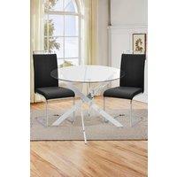3-Piece Dining Table Set of High Back Leather Chairs and Tempered Glass Round Table