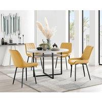 FurnitureboxUK Adley Grey Concrete Effect & Black Round Dining Table with Shelf & 4 Velvet Pesaro Dining Chairs in Mustard