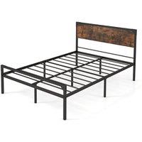 Costway Industrial Double Size Bed Frame Metal Platform Bed with 9 Support Legs in Brown