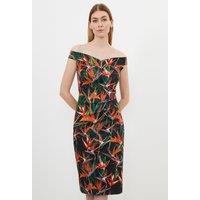 Tailored Tropical Lily Print Cotton Sateen Bardot Midi Dress