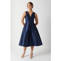Plunge Neck Structured Twill Midi Bridesmaid Dress